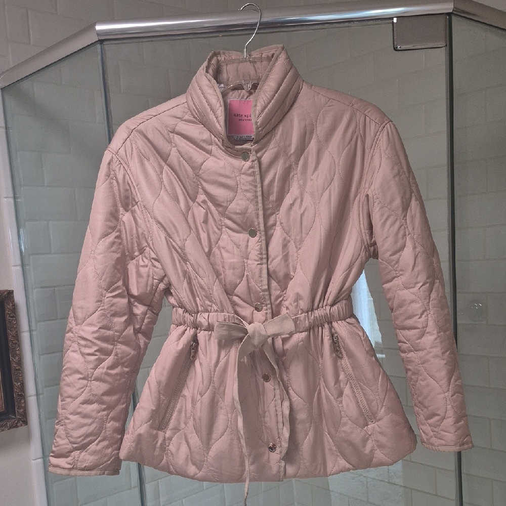 Kate Spade Beige Quilted Coat Snap Front Tie Waist Sz. Med. Perfect For Spring!!